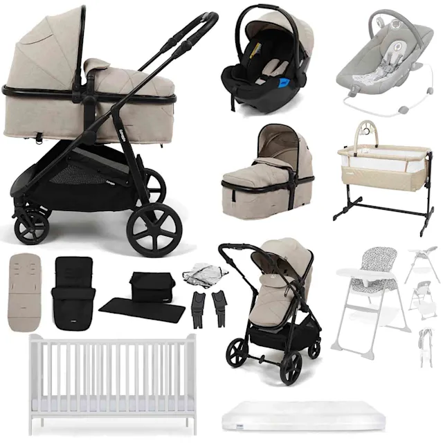Puggle Monaco XT 2-in-1 Travel System with Henbury Cot Bed & Eco Fibre Mattress 14-Piece Bundle - Cashmere