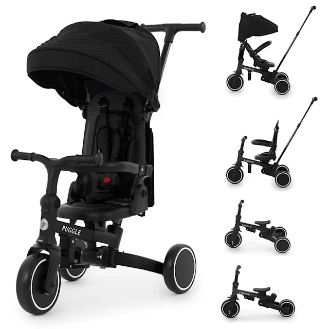 Puggle Spin Lite 6-in-1 Lightweight Folding Trike & Balance Bike with Handle - Black (10 Months - 5 Years)