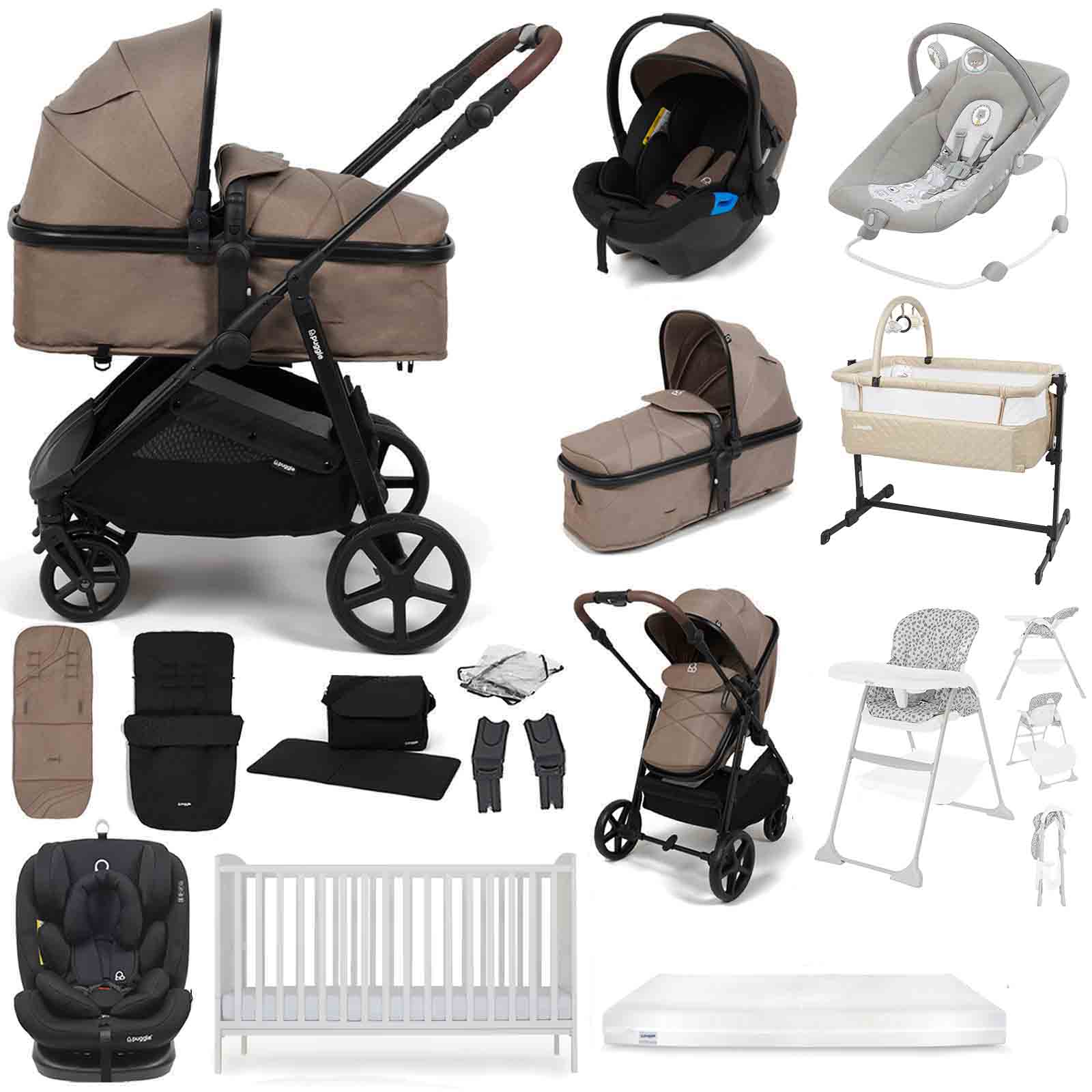 Puggle Monaco XT 2-in-1 Travel System with Henbury Cot Bed & Fibre Mattress 15-Piece Bundle - Truffle