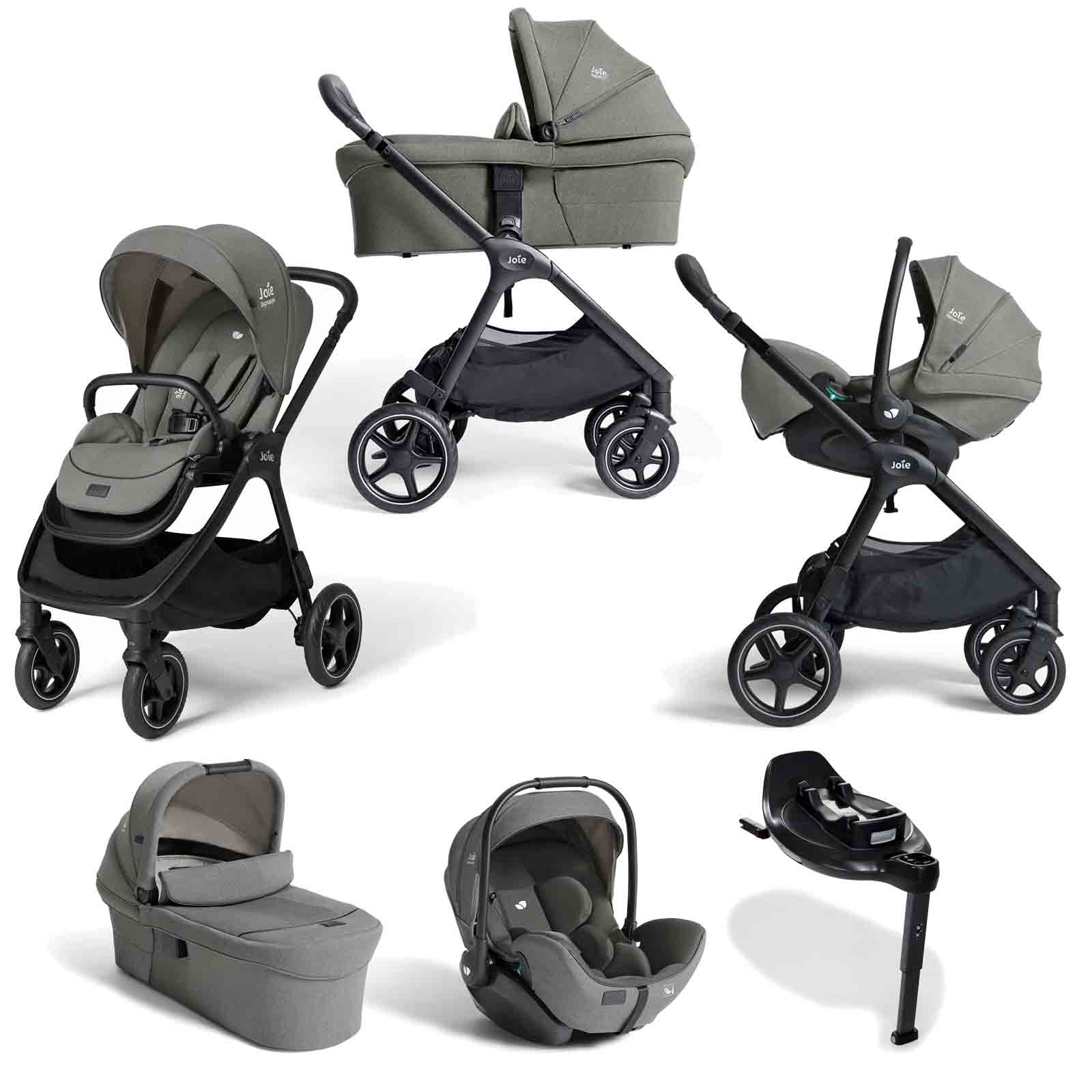 Joie Signature Finiti Flex Travel Ready Bundle with XL Carrycot, i-Level Pro CarSeat & i-Base Encore-Evergreen