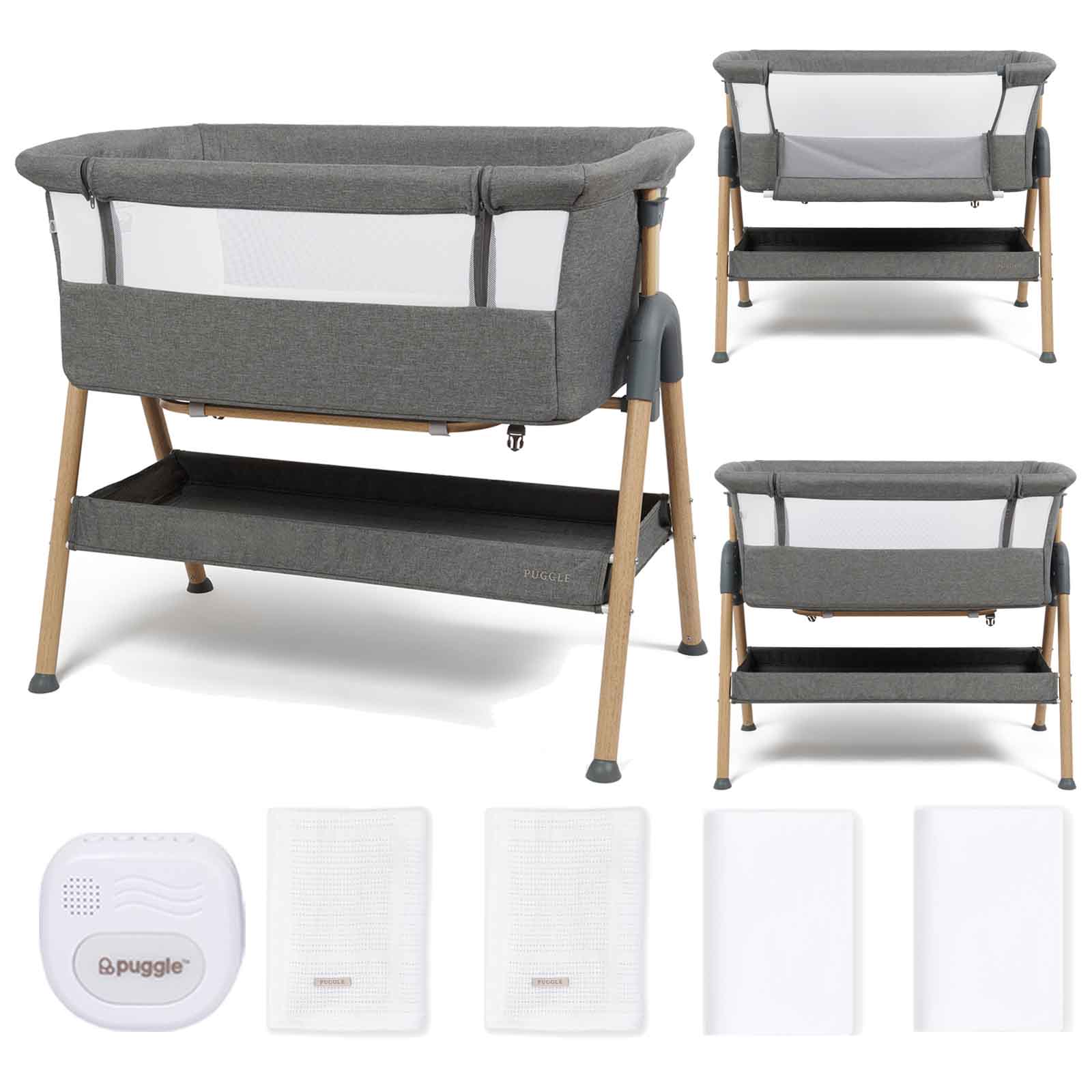 Puggle Dreamy Beside Crib with Bedding Starter Set & Musical Vibration Night Light, 6-Piece Bundle - Grey