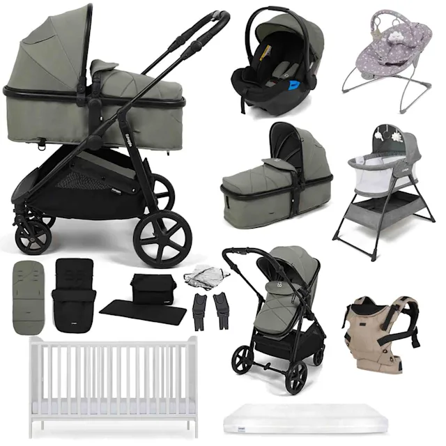 Puggle Monaco XT 2-in-1 Travel System with Henbury Cot Bed & Eco Fibre Mattress 14-Piece Bundle - Seagrass