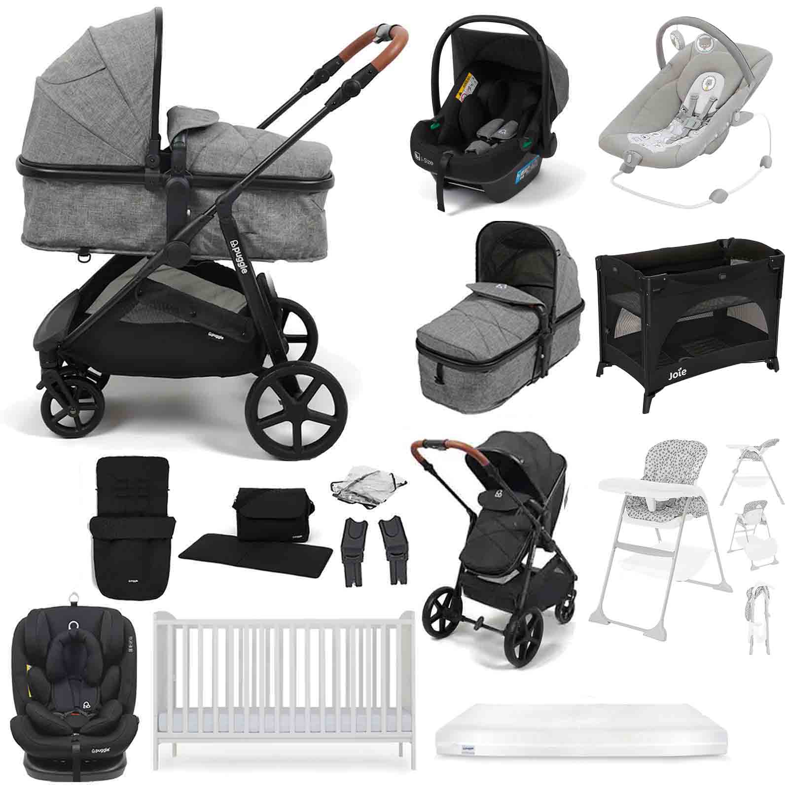 Puggle Monaco XT i-Size Travel System with Henbury Cot Bed & Mattress 15-Piece Bundle - Graphite Grey