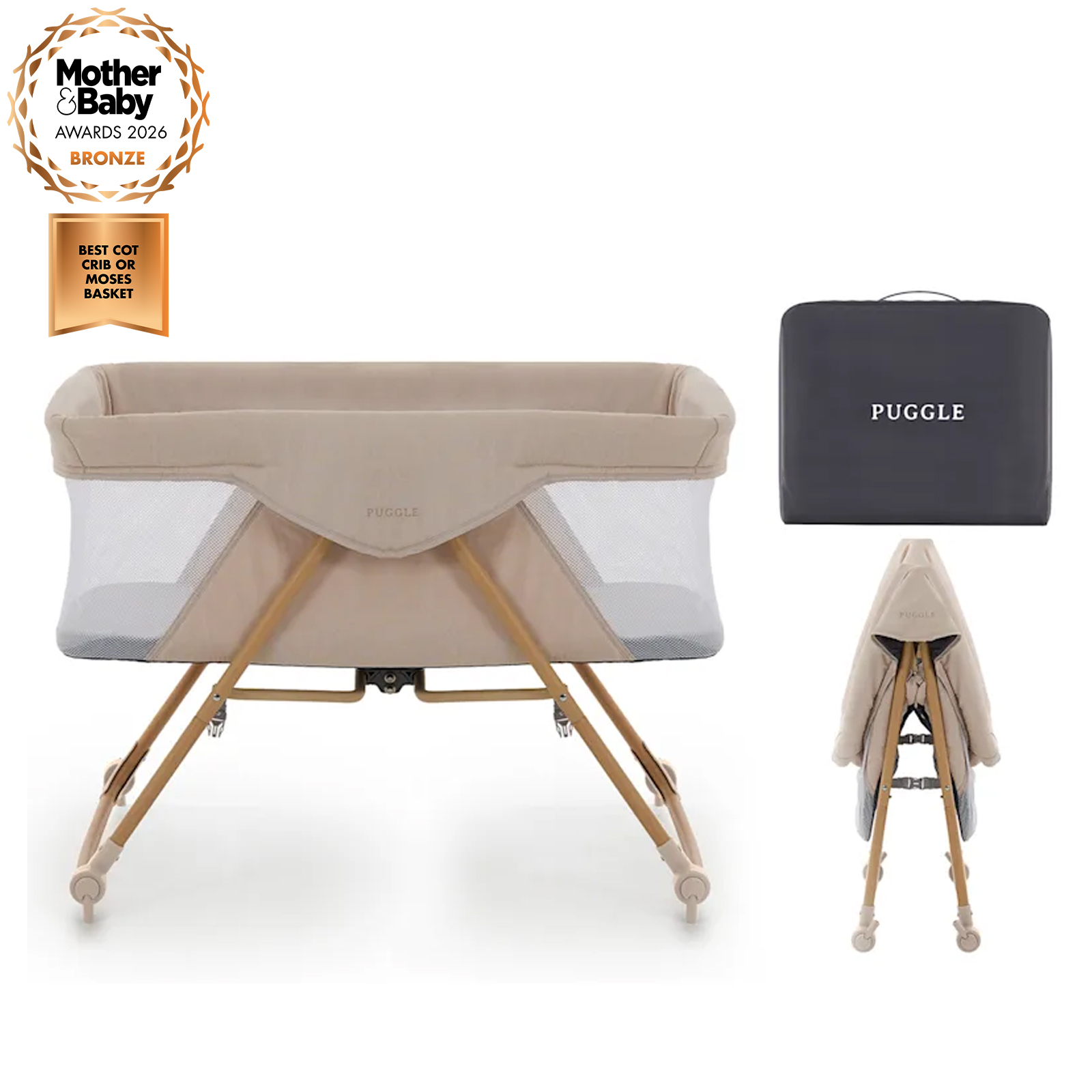Puggle Sleepy XL Folding Bedside Rocking Crib with Carry Bag - Cashmere