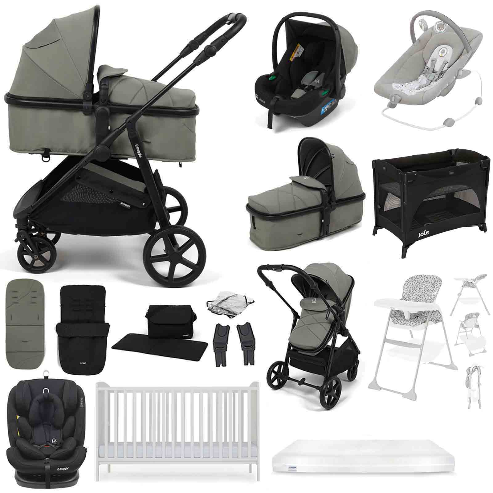 Puggle Monaco XT i-Size Travel System with Henbury Cot Bed & Mattress 15-Piece Bundle - Graphite Grey