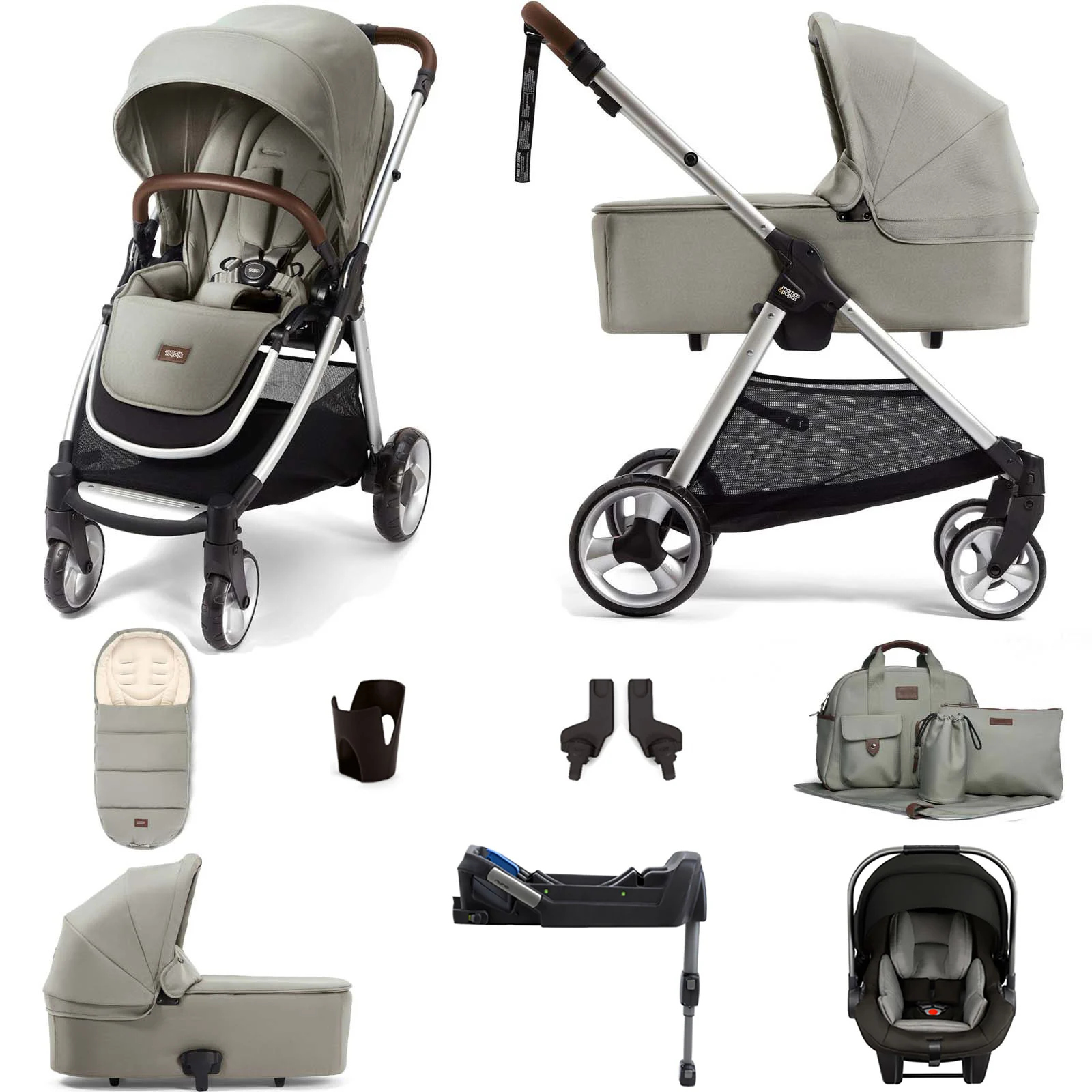 Mamas Papas Flip XT2 Essentials Pipa Lite Car Seat ISOFIX Base Travel System with Carrycot Sage Green The Nursery Store