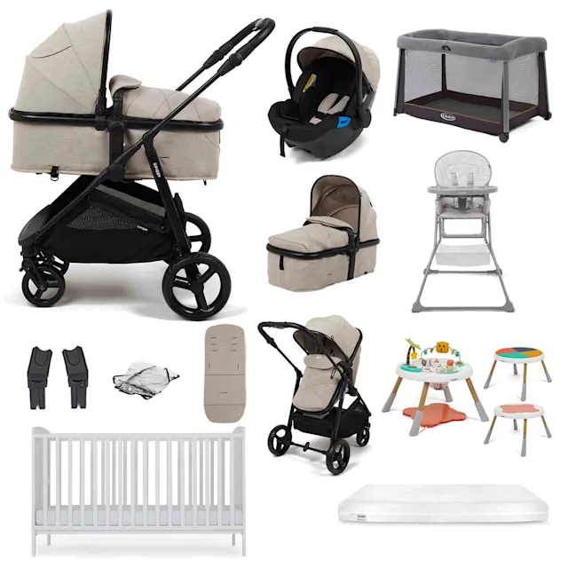 Puggle Monaco XT 2-in-1 Travel System with Cot Bed & Mattress, 10 Pcs Everything You Need Bundle - Cashmere