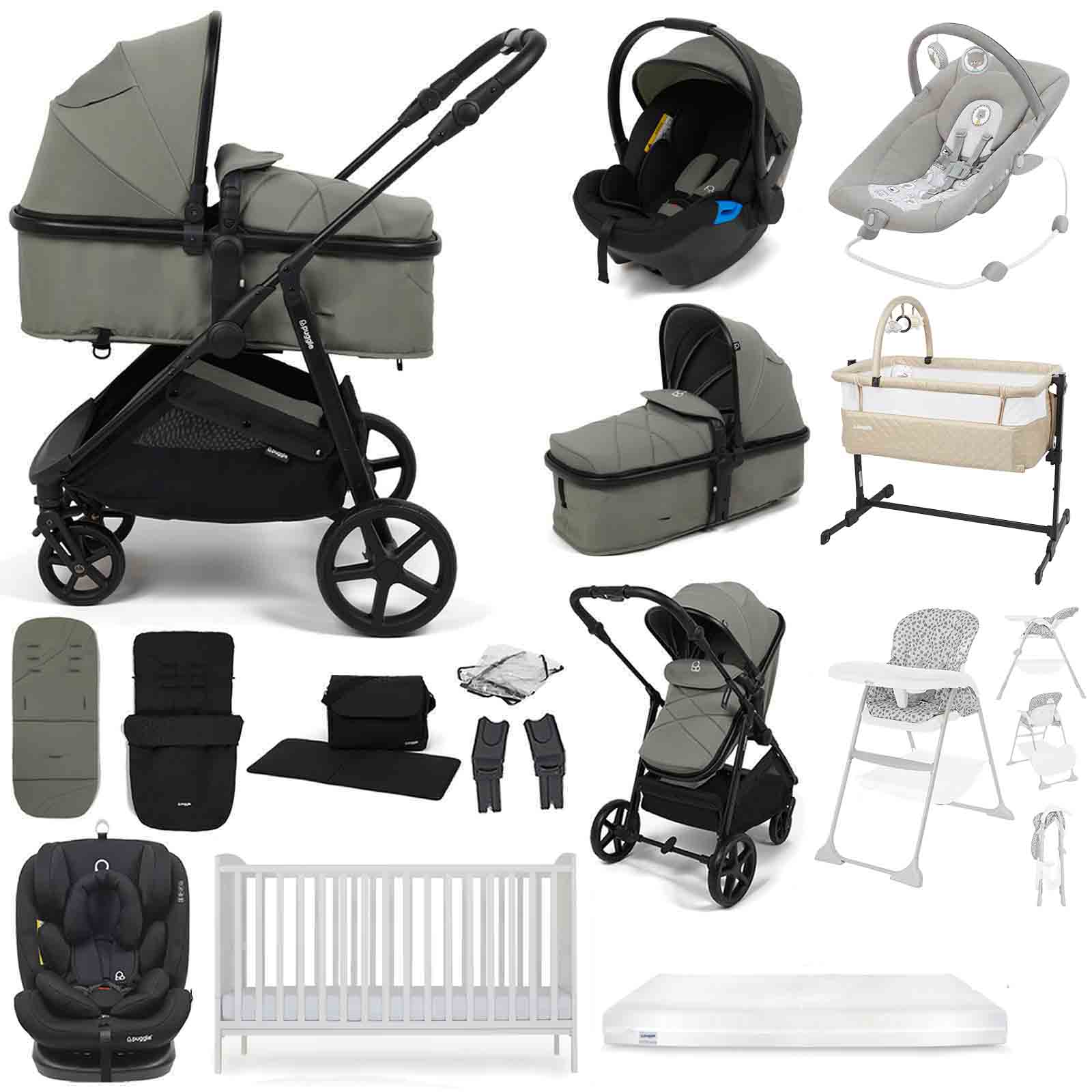 Puggle Monaco XT 2-in-1 Travel System with Henbury Cot Bed & Fibre Mattress 15-Piece Bundle - Seagrass