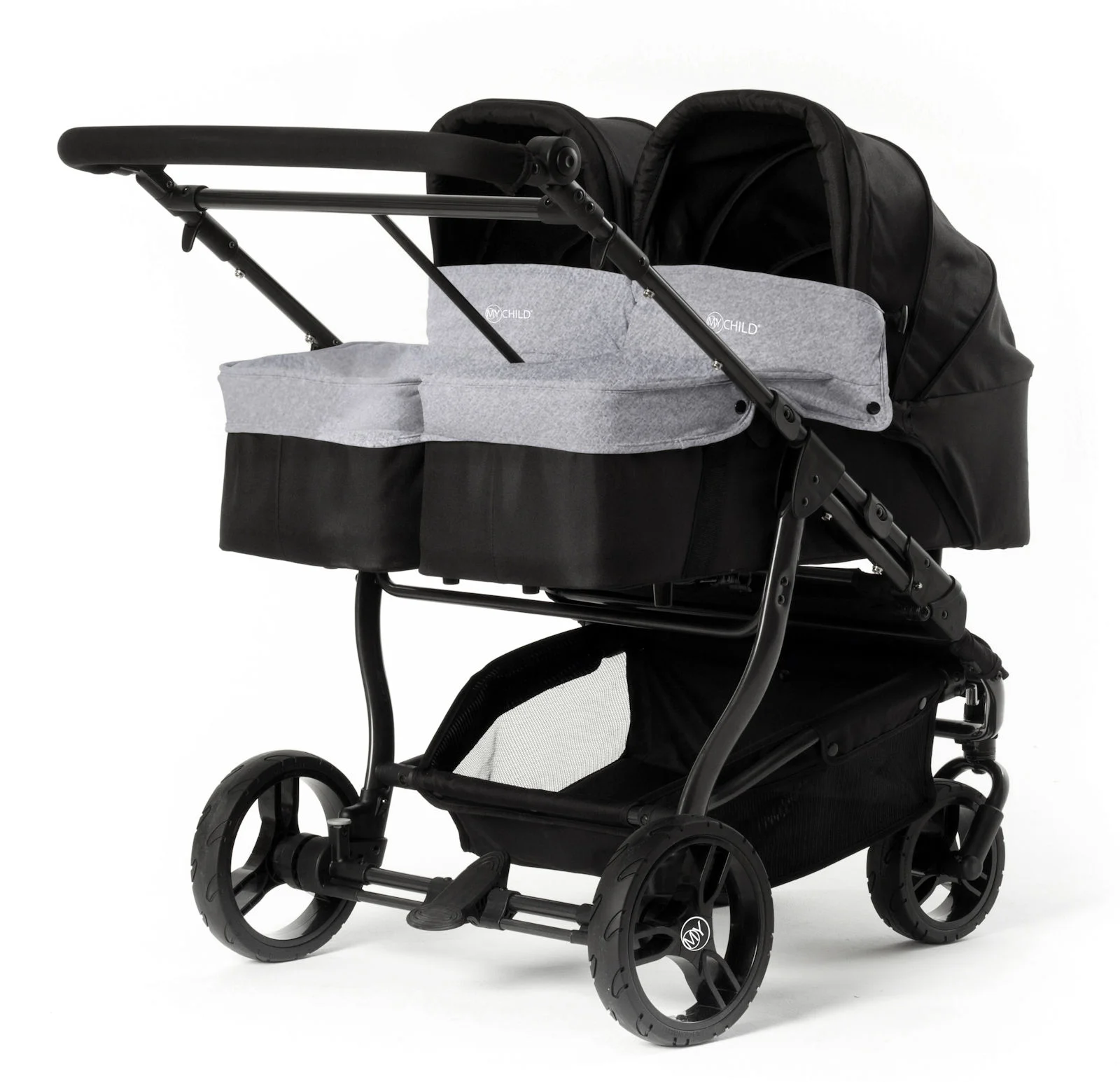 My Child Easy Twin 3.0 Slimline Double Stroller 65cm 2 Carrycots Grey The Nursery Store