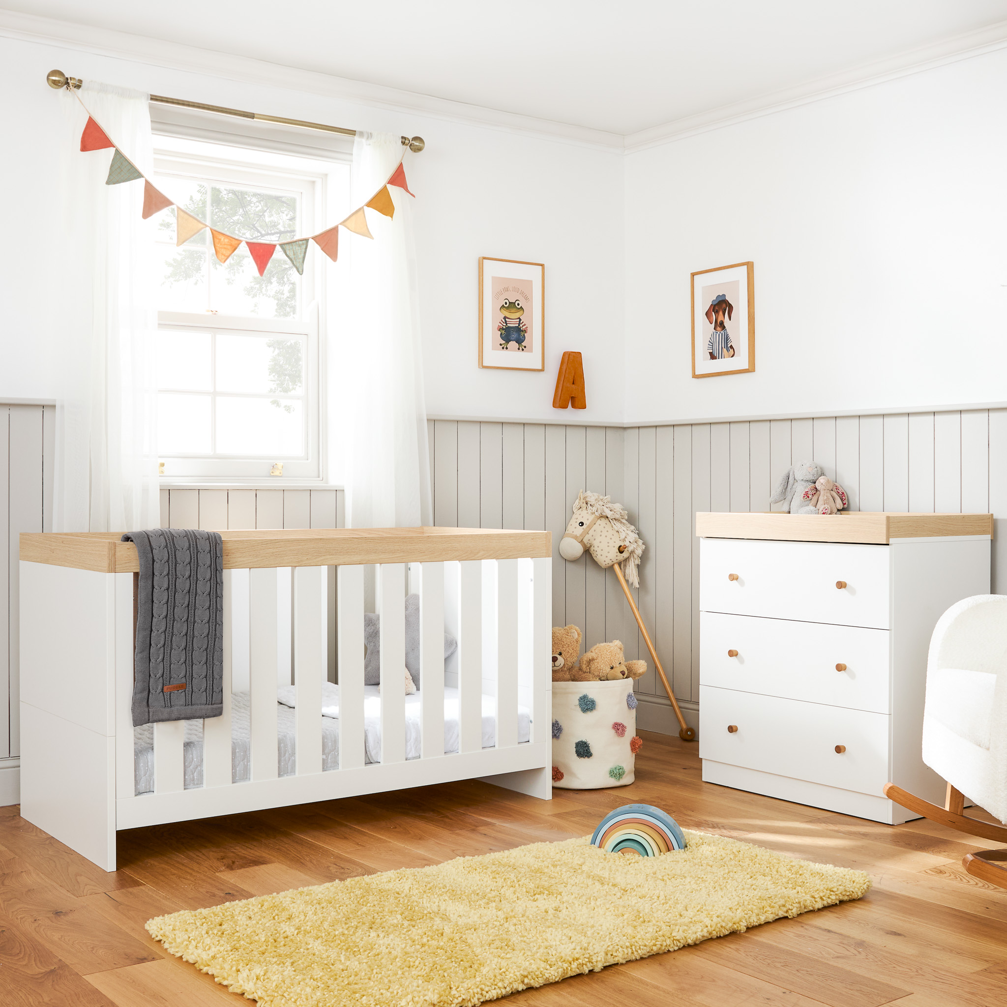Budworth 3 Piece Cot Bed Dresser Changer & 10cm Eco Fibre Mattress White Oak