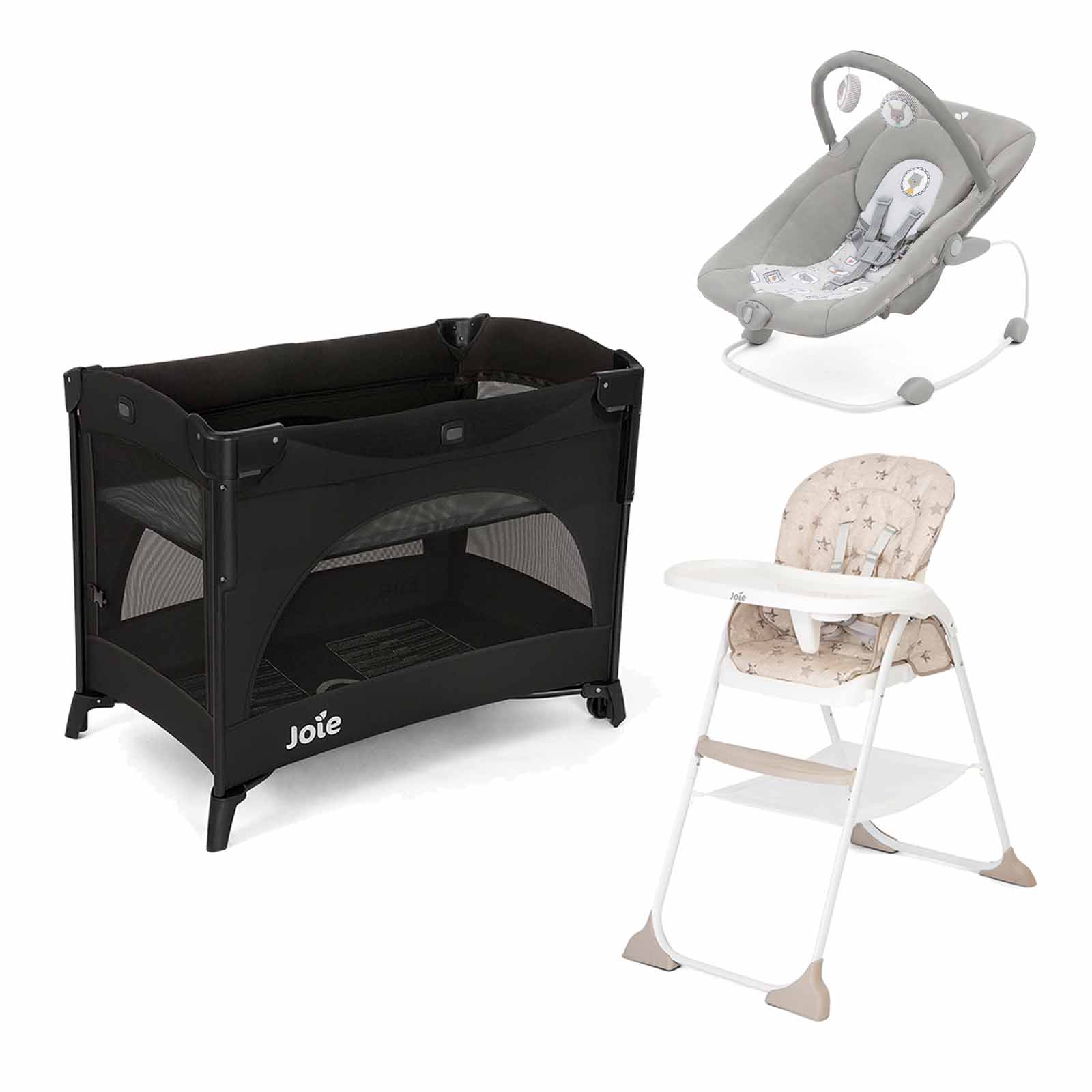 Joie Travel Cot, Bouncer & Highchair 3-Piece Bundle - Shale/Potrait/Cosmo Tan