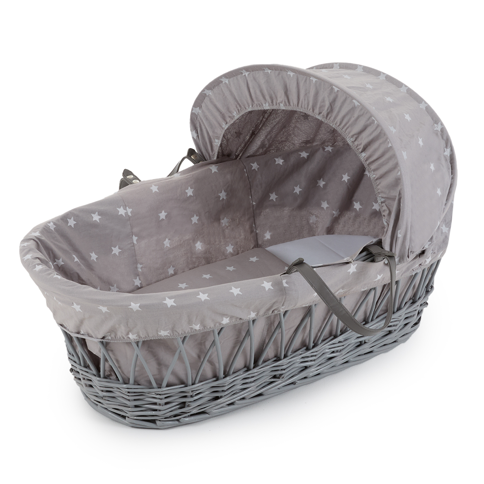 4baby Deluxe Padded Grey Wicker Moses Basket Grey/White Stars