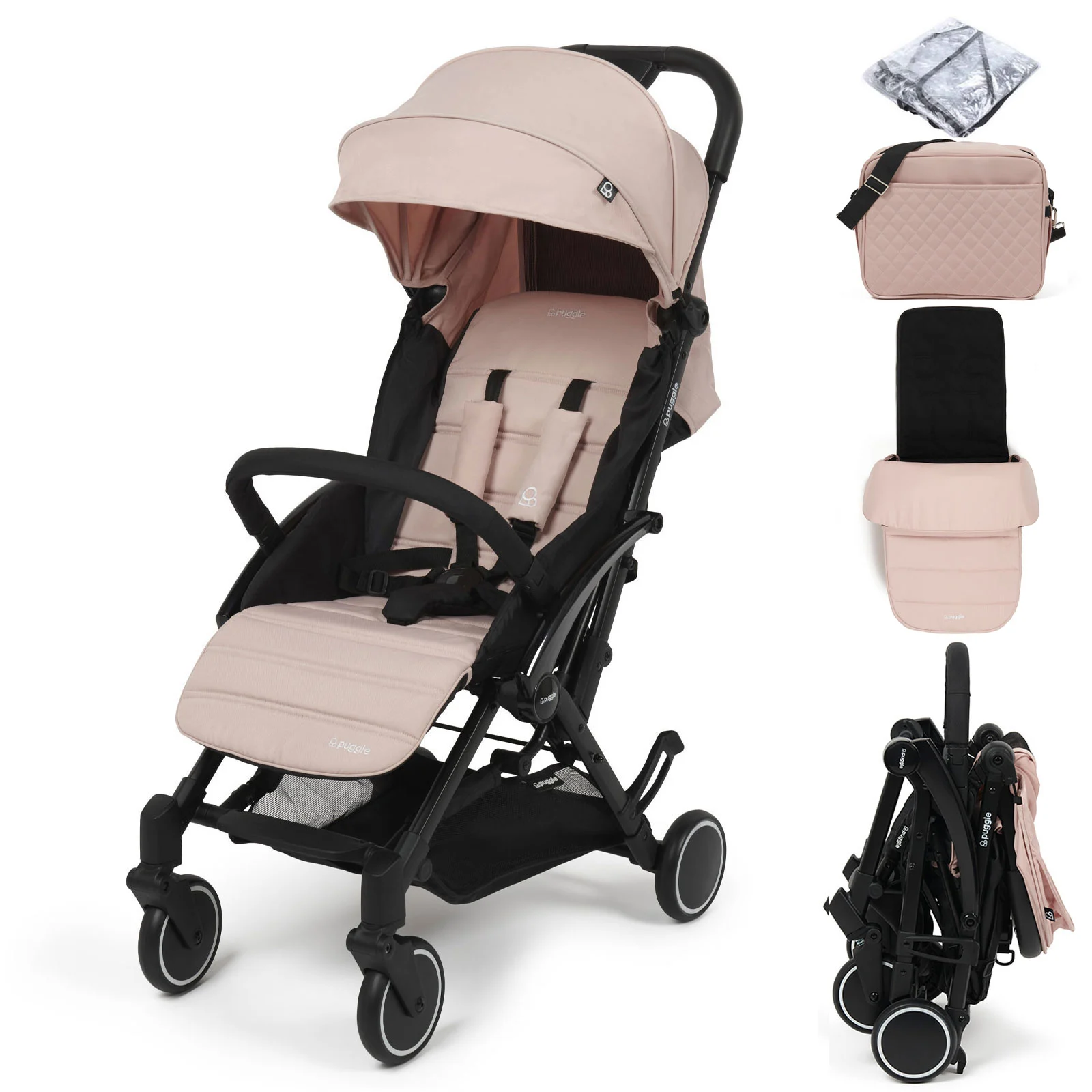 Puggle Seattle Fold Go Compact Pushchair Rain Cover with Matching Footmuff Changing Bag Blush Pink The Nursery Store