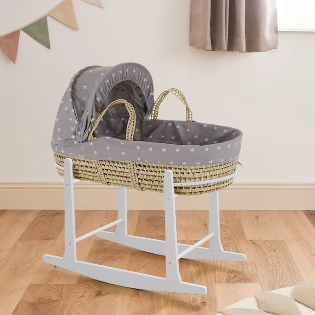 4baby Deluxe Palm Moses Basket with White Rocking Stand - Grey / White Stars