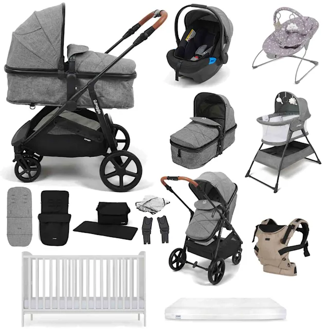 Puggle Monaco XT 2-in-1 Travel System with Henbury Cot Bed & Eco Fibre Mattress 14-Piece Bundle- Graphite Grey