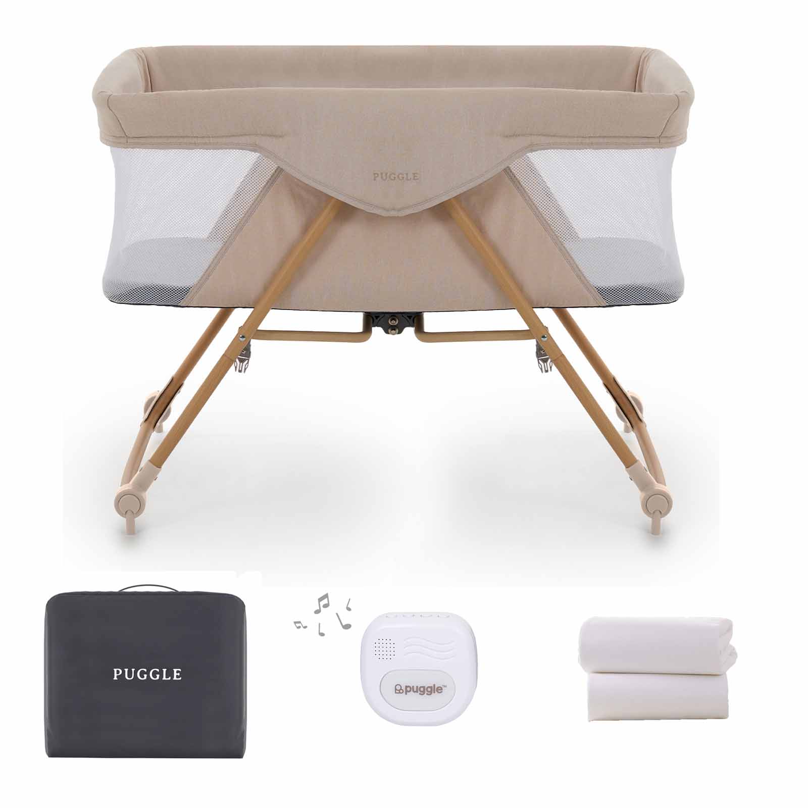 Puggle Sleepy XL Folding Bedside Rocking Crib 6-Piece Bundle - Cashmere