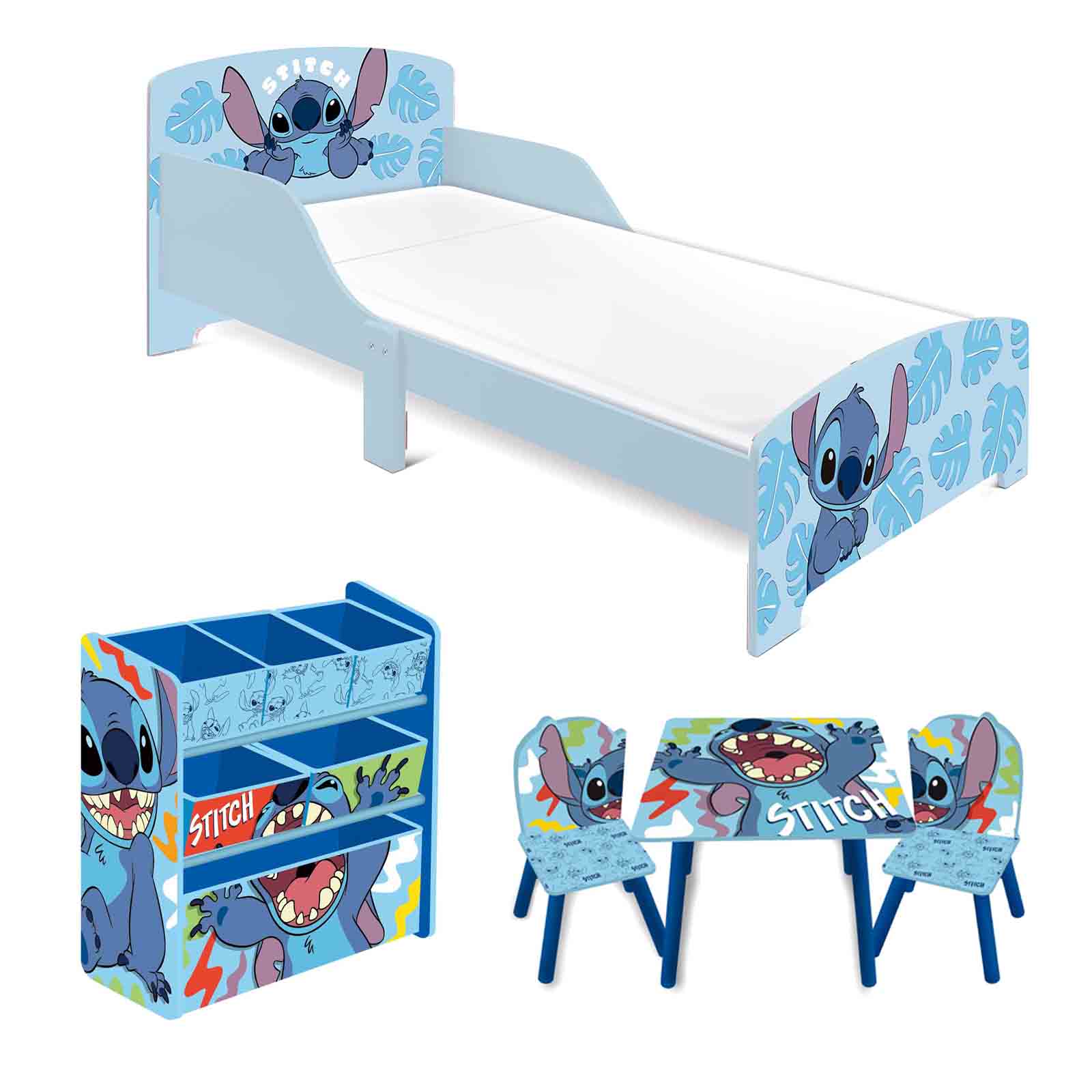 Lilo & Stich Toddler Bed with Toy Organiser, Toy and Chair Set & 10cm Eco Fibre Mattress 4-Piece Bundle - Blue