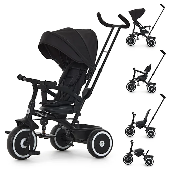 Puggle Easy Twist 6-in-1 Folding Trike with Parent Handle - Midnight Black (9 Months - 5 Years)