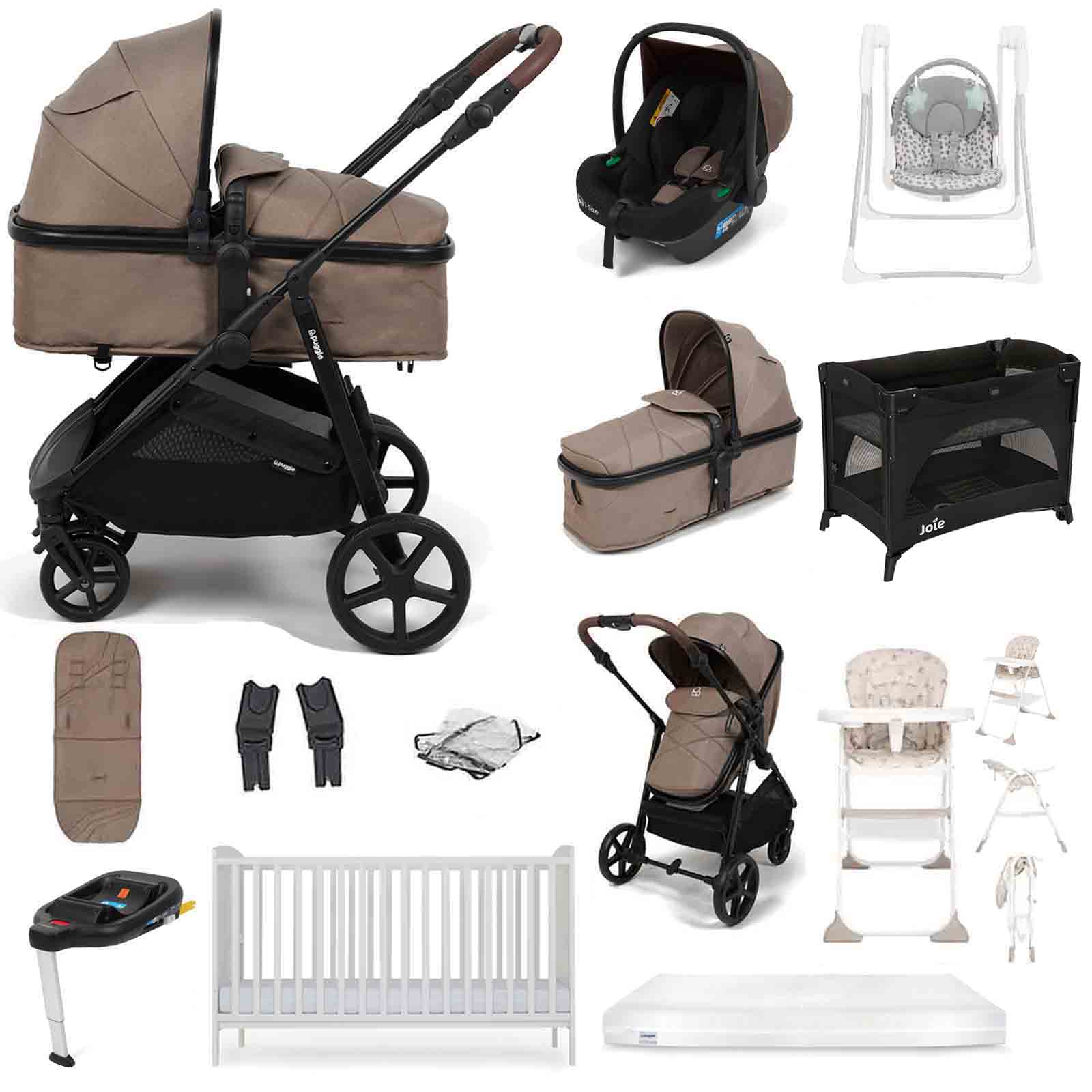 Puggle Monaco XT i-Size Travel System with Henbury Cot Bed & Mattress 11-Piece Bundle - Truffle
