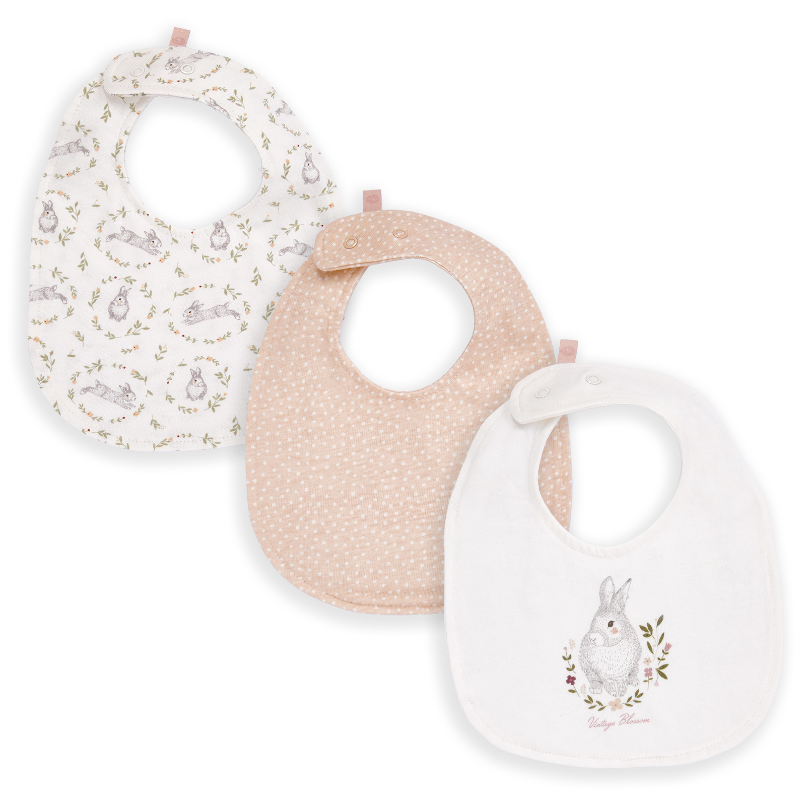 Puggle To The Vintage Blossom 3-Piece Jersey Bibs - Blossom Pink/White