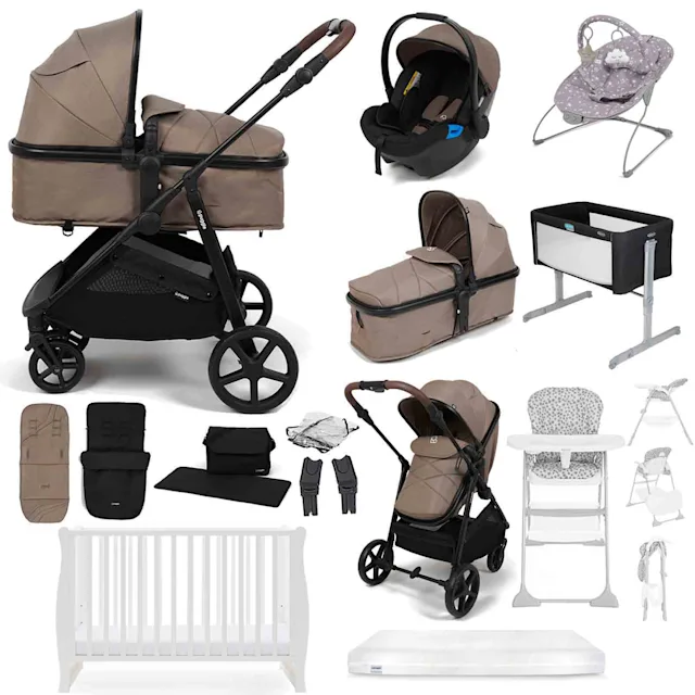 Puggle Monaco XT 2-in-1 Travel System with Cot & Mattress, 14 Pcs Everything You Need Bundle - Truffle 