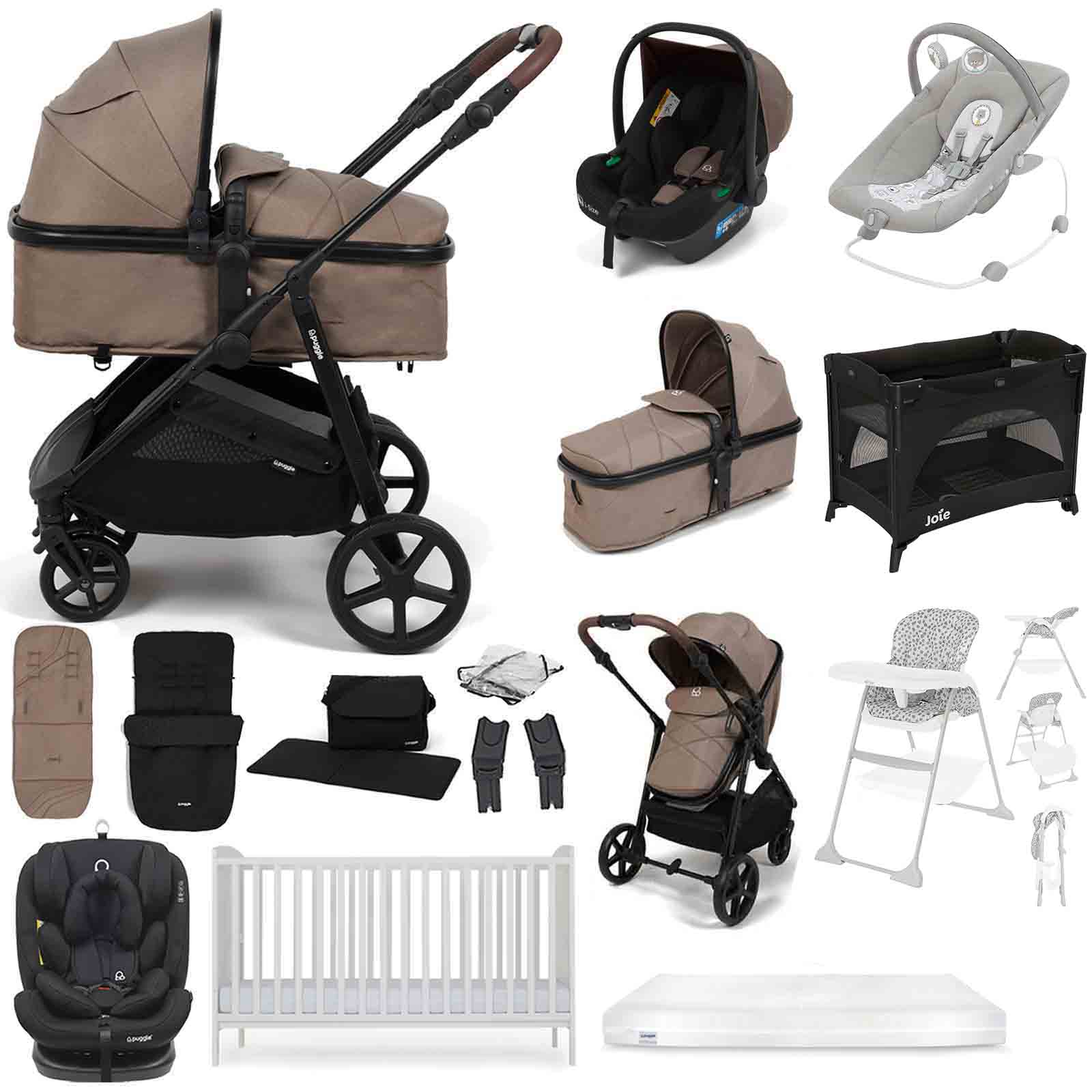 Puggle Monaco XT i-Size Travel System with Henbury Cot Bed & Mattress 15-Piece Bundle - Truffle