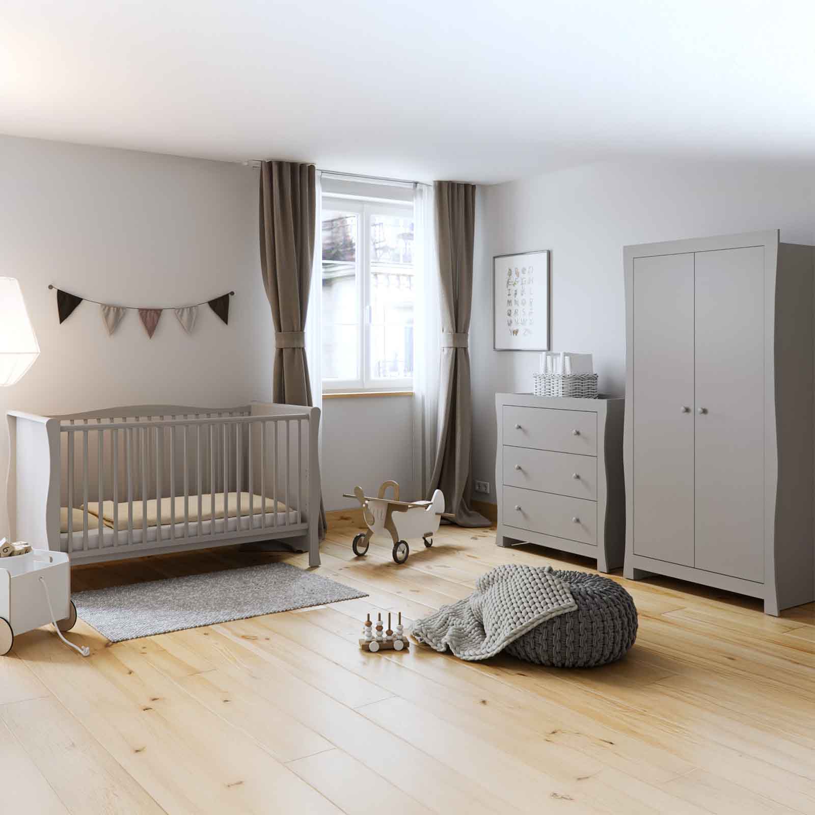 Little Acorns Sleigh Cot 4-Piece Nursery Furniture Set with Fibre Mattress - Classic Grey