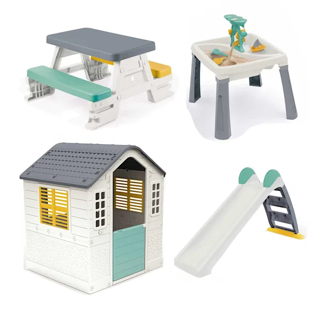Dolu Playhouse with Water Slide, Water & Sand Activity Table & Picnic Table 4-Piece Bundle - Grey (2+ Years)