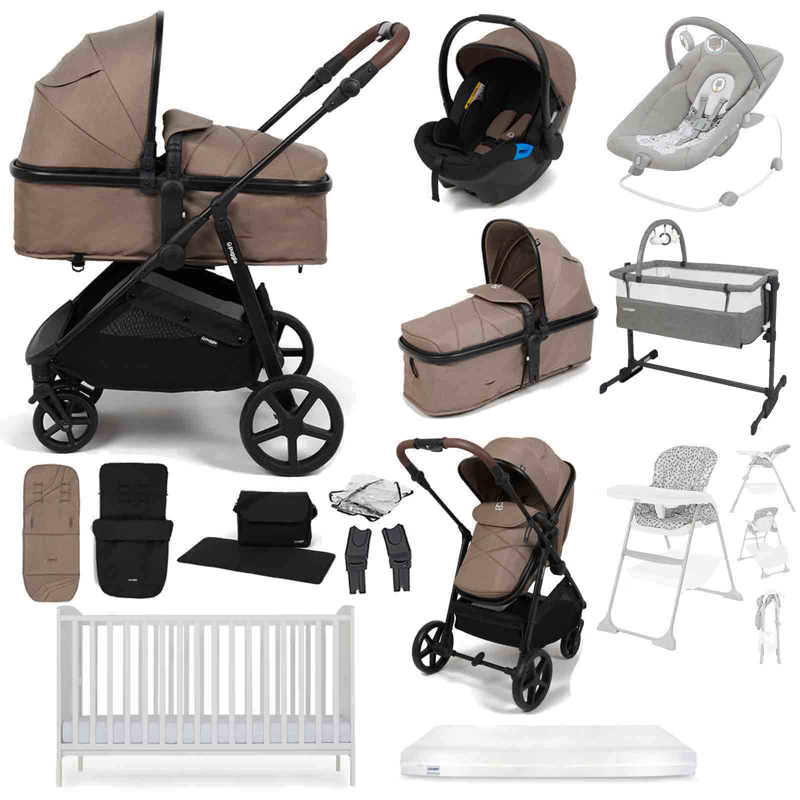 Monaco XT 2 1 Travel System Henbury Cot Bed & Eco Fibre Mattress 14 Piece Bundle Truffle
