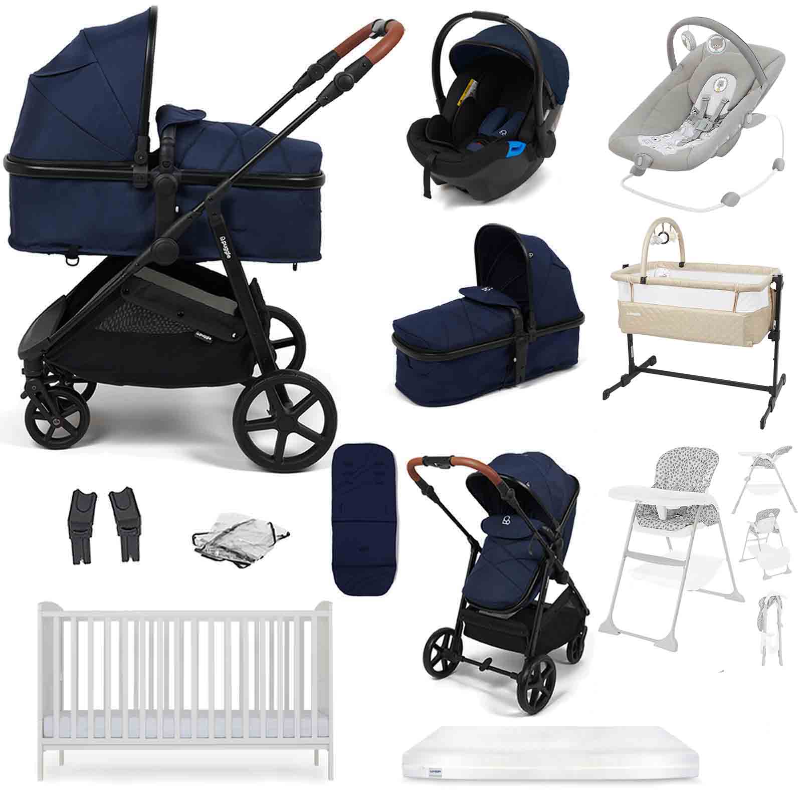 Puggle Monaco XT Travel System with Cot Bed & Mattress, 11 Pcs Everything You Need Bundle - Navy
