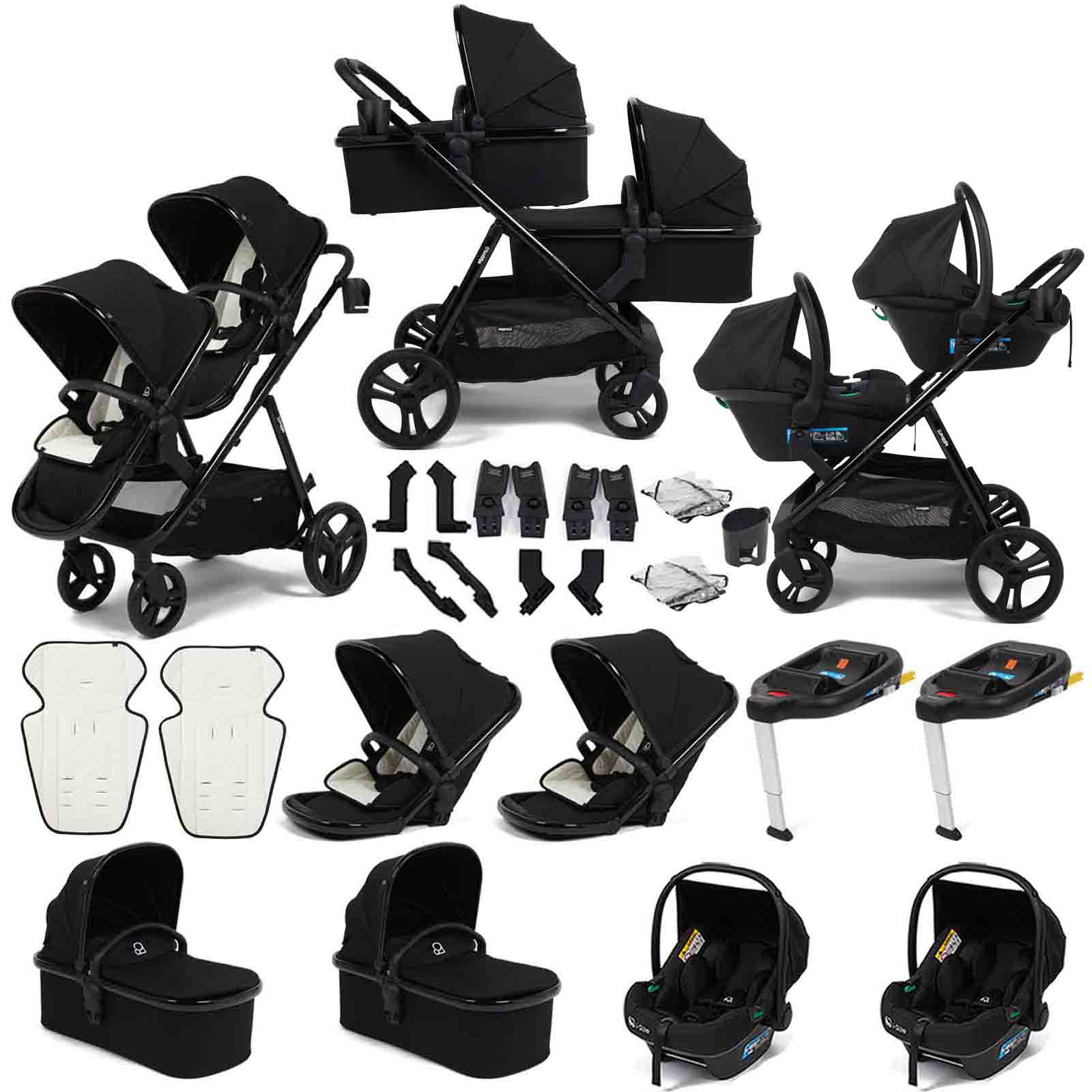 Puggle Memphis 3-in-1 Duo Double Twin Travel System with R129 Car Seats, Carrycots & Bases-Midnight Black Luxe