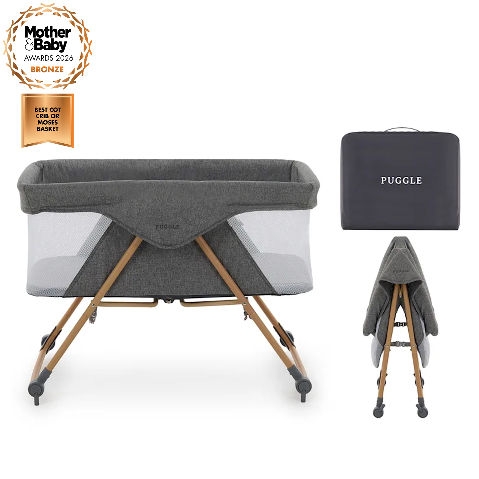 Puggle Sleepy XL Folding Bedside Rocking Crib with Carry Bag - Melange Grey