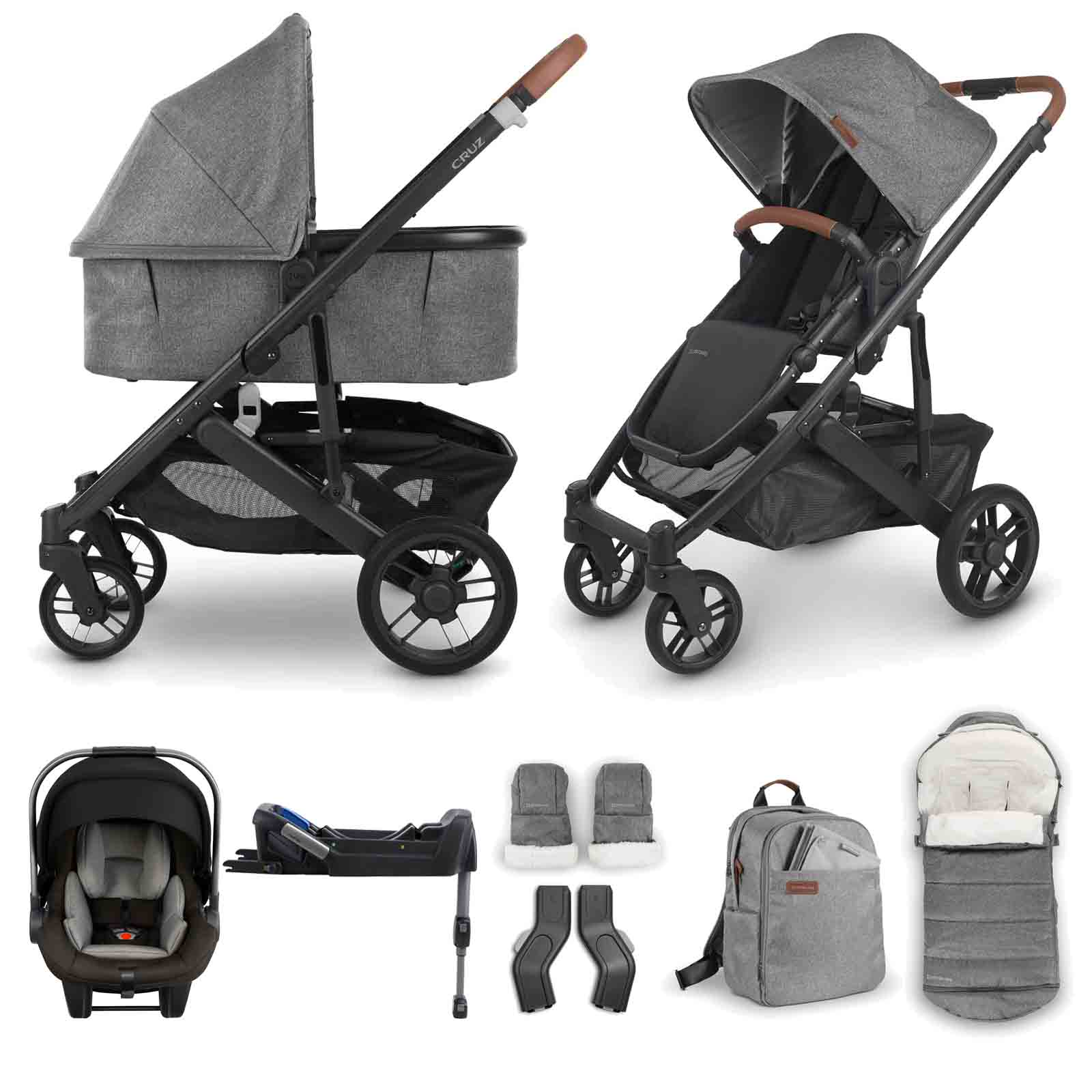 UPPAbaby Cruz V2 Pushchair with Carrycot, Nuna Pipa Lite LX Car Seat, ISOFIX Base & 4pc Accessory Set - Greyson