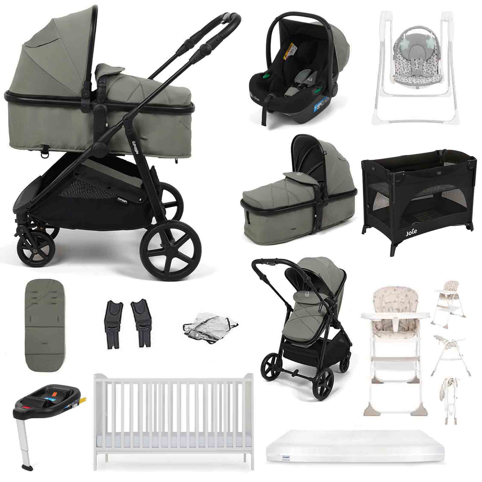 Puggle Monaco XT i-Size Travel System with Henbury Cot Bed & Mattress 11-Piece Bundle - Seagrass