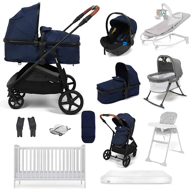 Puggle Monaco XT 2-in-1 Travel System with Cot Bed & Mattress, 10 Pcs Everything You Need Bundle-Navy