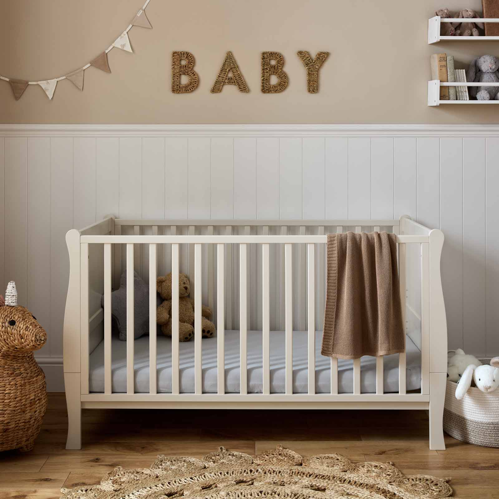 Puggle Alderley Sleigh Cot Bed with 10cm Maxi Air Cool Sprung Mattress - Cashmere