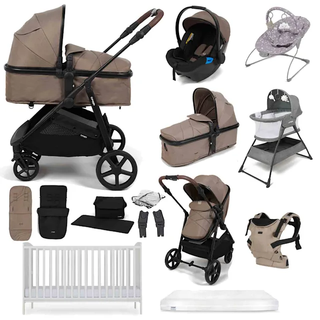 Puggle Monaco XT 2-in-1 Travel System with Henbury Cot Bed & Eco Fibre Mattress 14-Piece Bundle - Truffle
