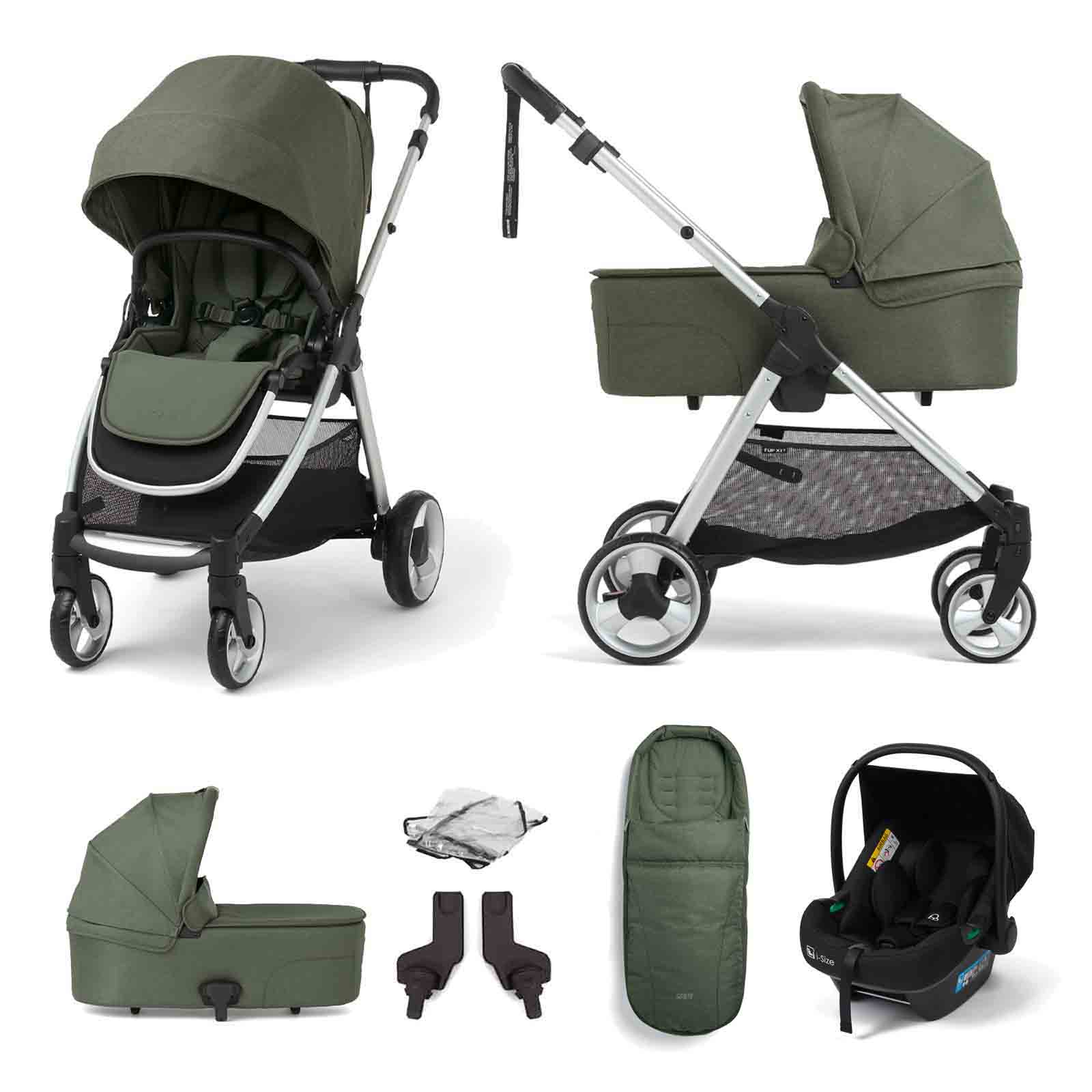 Mamas & Papas Flip XT2 Travel System with Carrycot, Puggle Safe Fit i-Size R129 Car Seat & Footmuff - Juniper