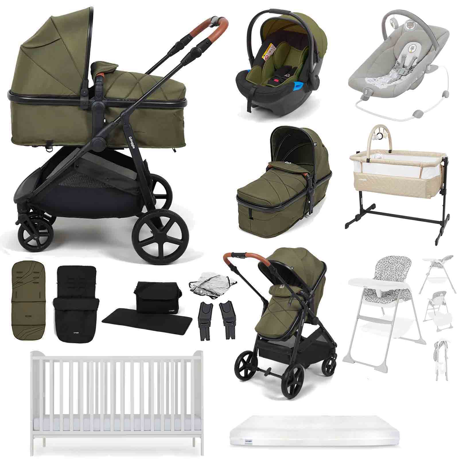 Puggle Monaco XT 2-in-1 Travel System with Henbury Cot Bed & Eco Fibre Mattress 14-Piece Bundle - Forest Green