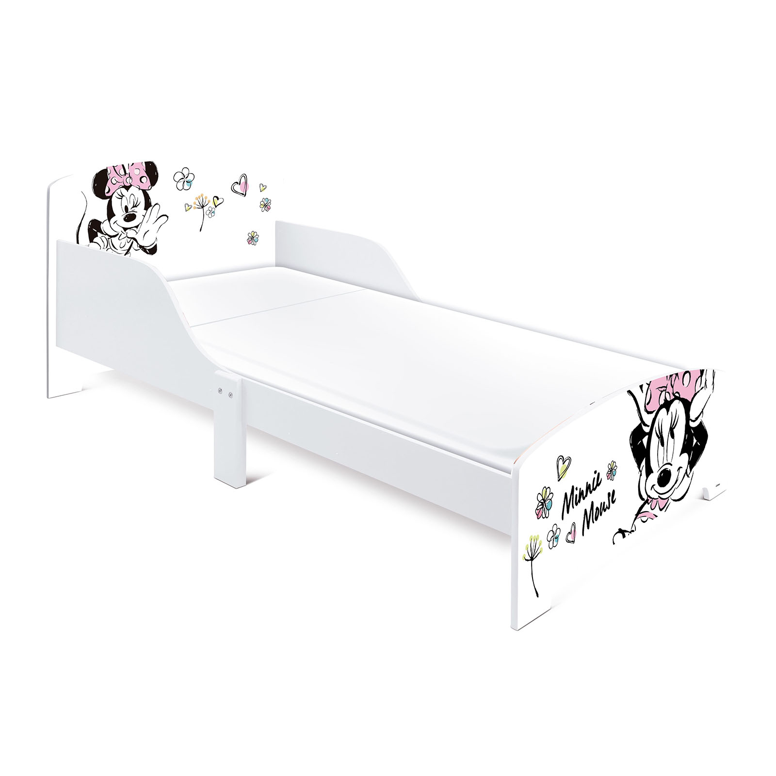 Minnie Mouse Classic Wooden Junior Toddler Bed with 10cm Eco-Fibre Mattress - White & Pink