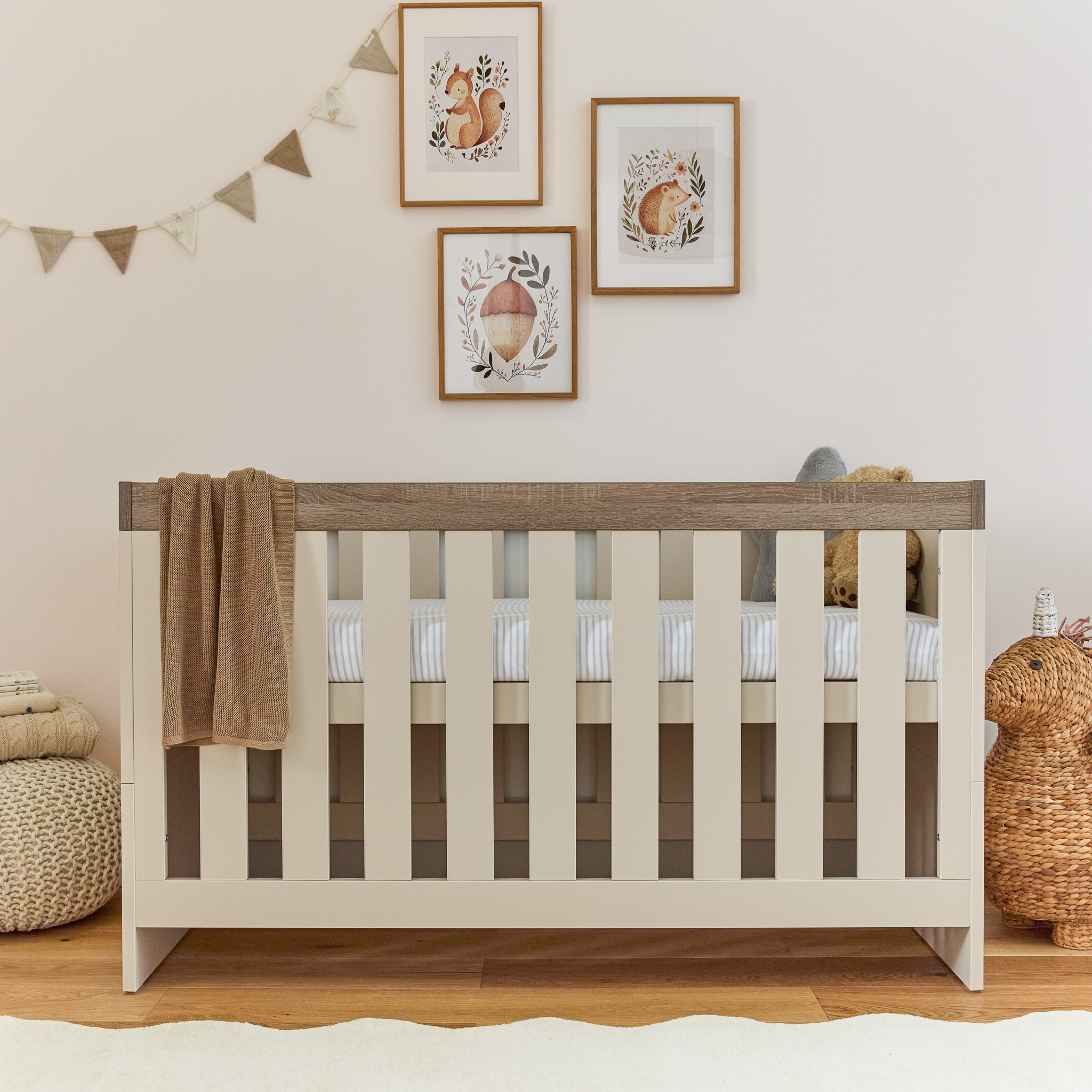 Puggle Budworth Cot Bed with 10cm Maxi Air Cool Sprung Mattress - Cashmere/Truffle Oak
