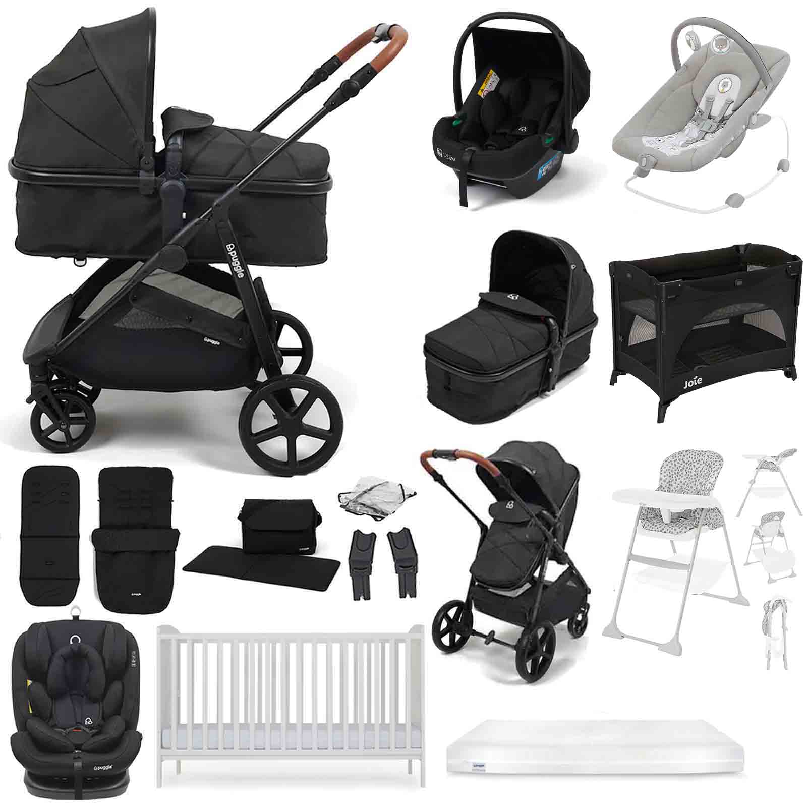 Puggle Monaco XT i-Size Travel System with Henbury Cot Bed & Mattress 15-Piece Bundle - Storm Black