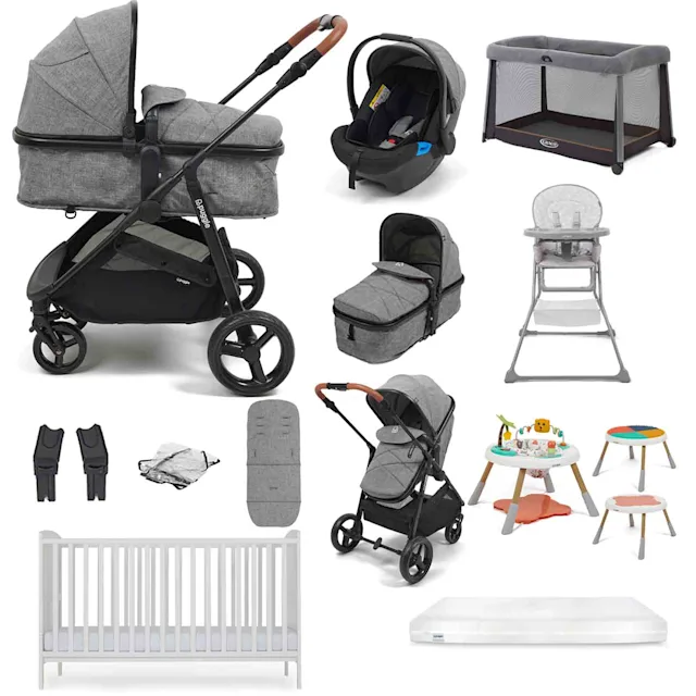Puggle Monaco XT 2-in-1 Travel System with Cot Bed & Mattress, 10 Pcs Everything You Need Bundle-Graphite Grey