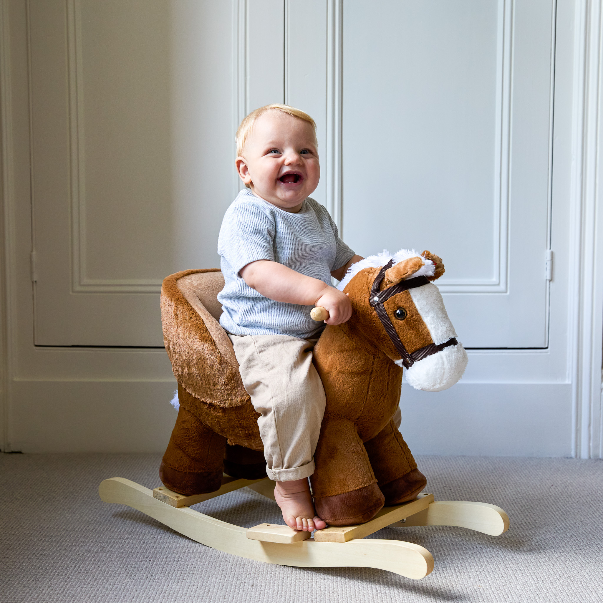 Puggle Plush Wooden Rocking Horse Seat With Sounds - Brown (12 Months - 3 Years)