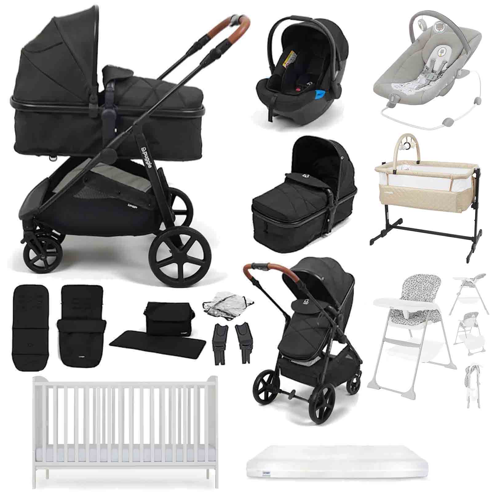 Puggle Monaco XT 2-in-1 Travel System with Henbury Cot Bed & Eco Fibre Mattress 14-Piece Bundle - Storm Black