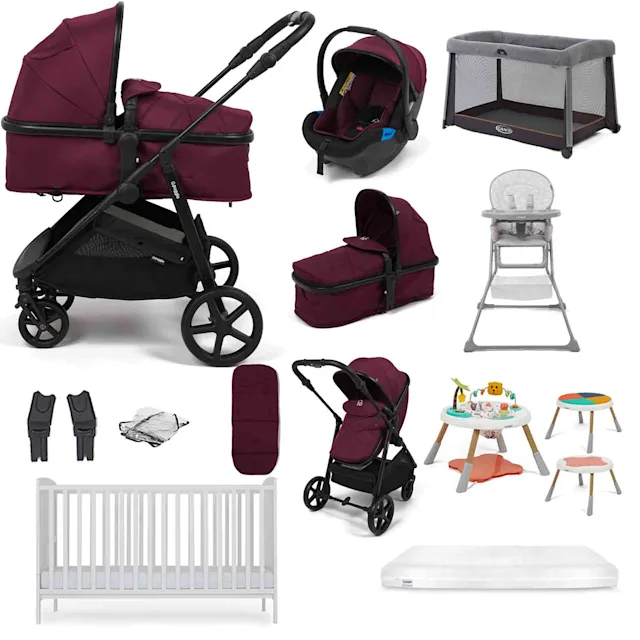 Puggle Monaco XT 2-in-1 Travel System with Cot Bed & Mattress, 10 Pcs Everything You Need Bundle - Burgundy