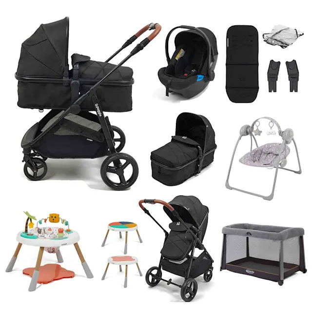 Puggle Monaco XT 2-in-1 Travel System with Car Seat, 9 Pcs Everything You Need Bundle - Storm Black