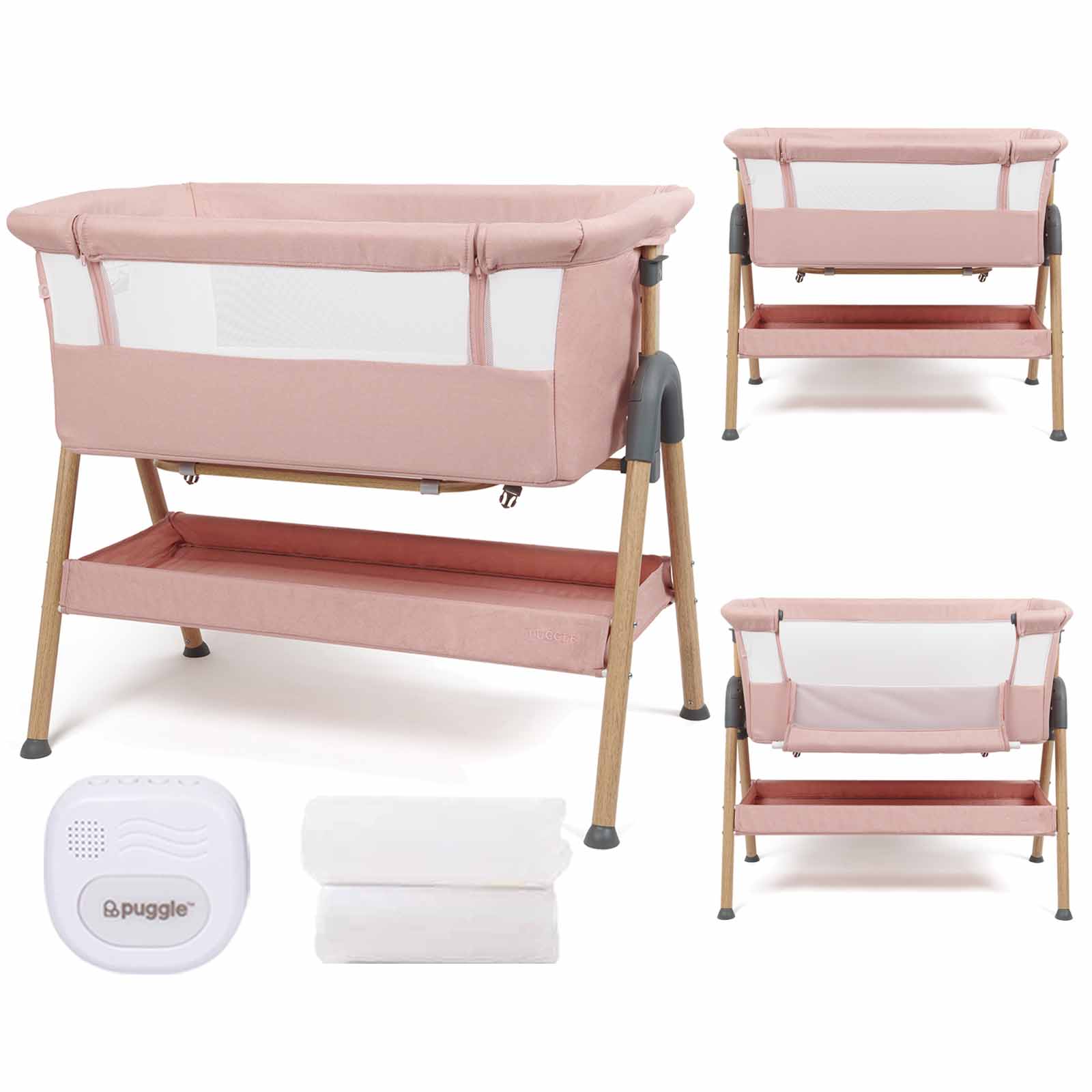 Puggle Dreamy Bedside Crib with Night Light & Bedside Crib Fitted Sheets, 4-Piece Bundles - Pink