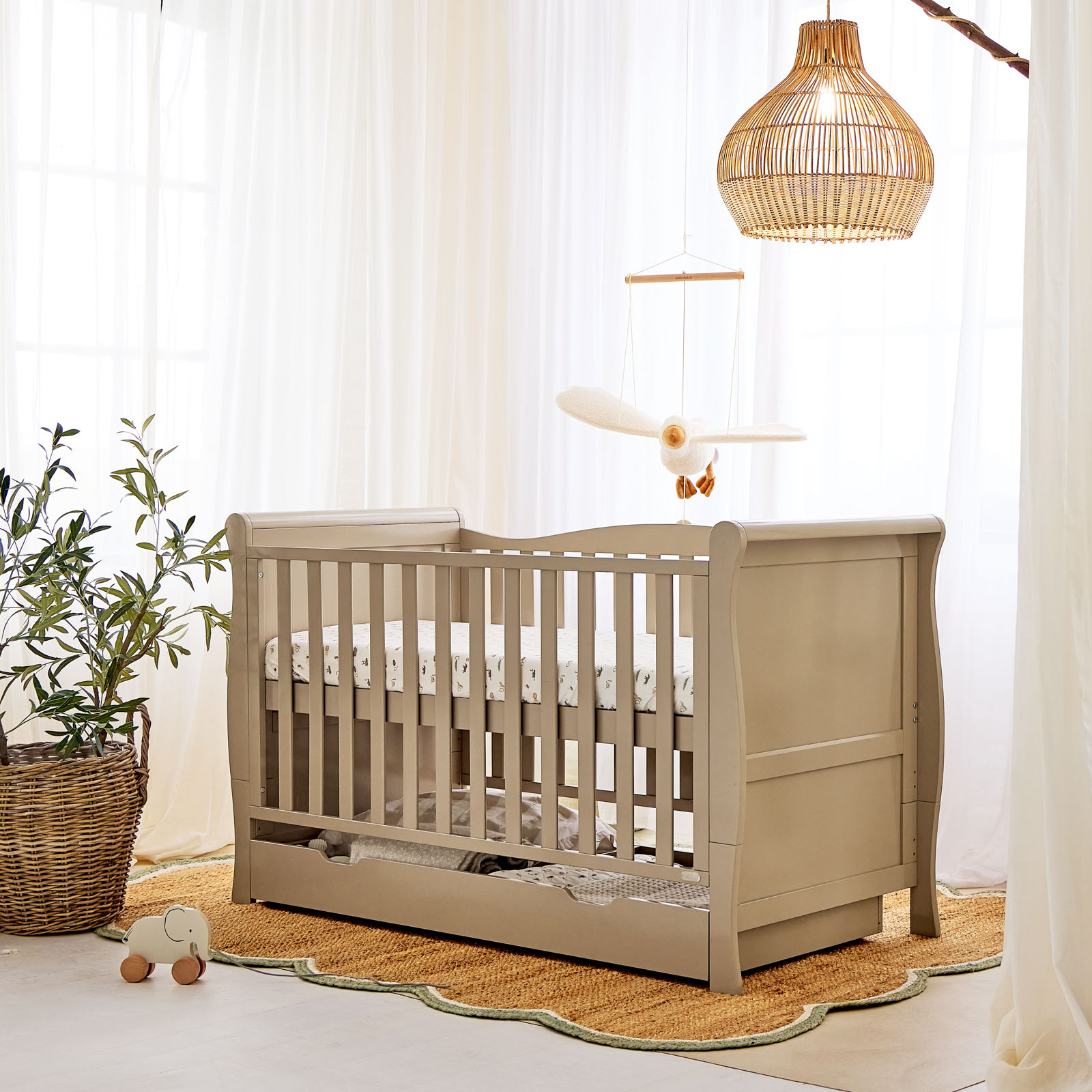 Prestbury Classic Luxe Sleigh Cot Bed Drawer & 10cm Eco Fibre Mattress Latte