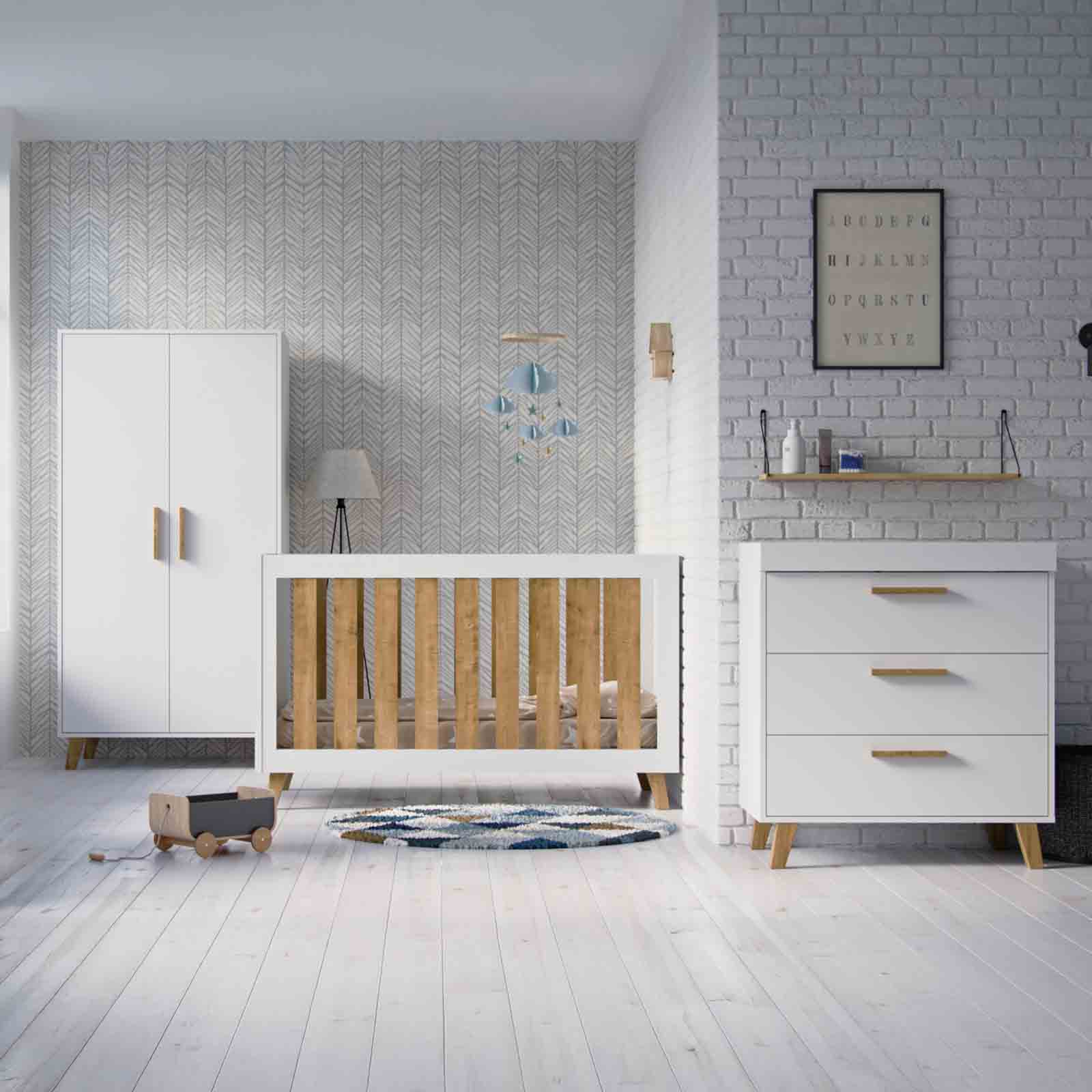 Little Acorns Siriana 4-Piece Nursery Furniture Set with Sprung Mattress - White/Oak